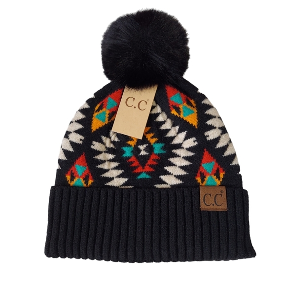 New Beanie Hat Womens Black Knit Hat Winter Beanie Warm Faux Fur Pompom - Picture 1 of 11